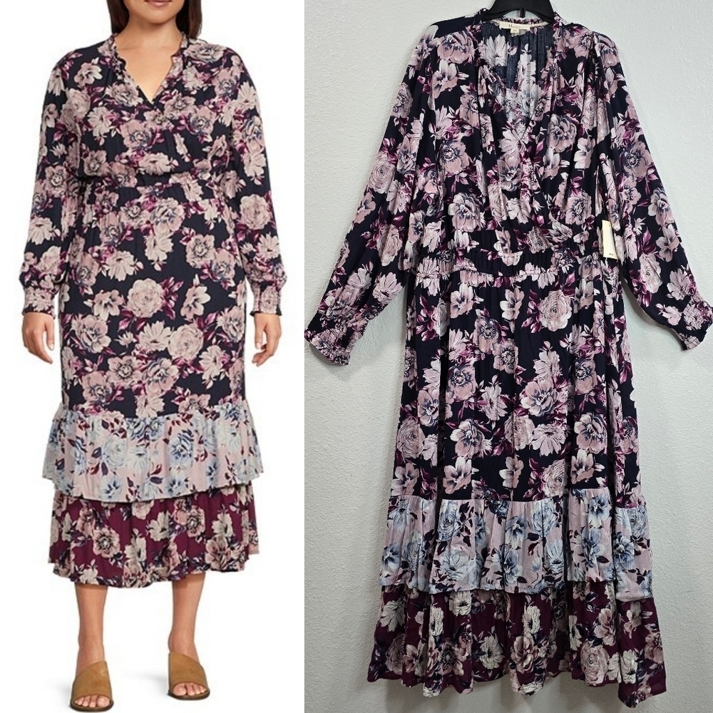 Nurture By Westbound Womens Floral Long Sleeve V-neck  Boho Rayon Maxi Dress  3X
